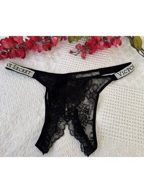 VICTORIA'S SECRET M BLACK VERY SEXY HI LEG RHINESTONE BRAZILIAN PANTIES OPEN NWT